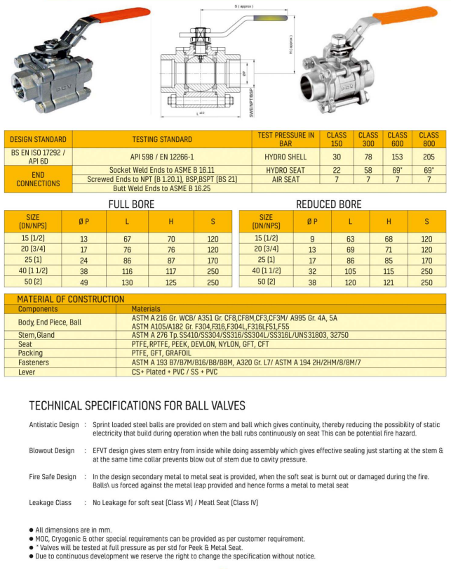 Ball valve datasheet with design standards, pressure classes, dimensions and materials